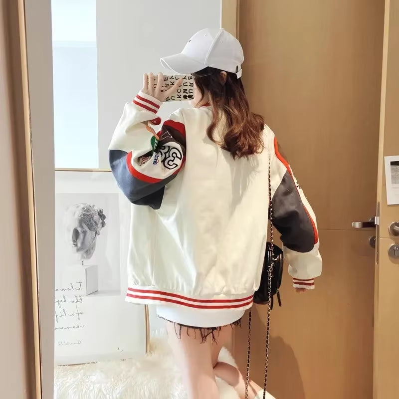 Spring American Style High Street Letter Embroidery Baseball Jacket Loose Fit Couple Color Block Racing Jacket Embroidery