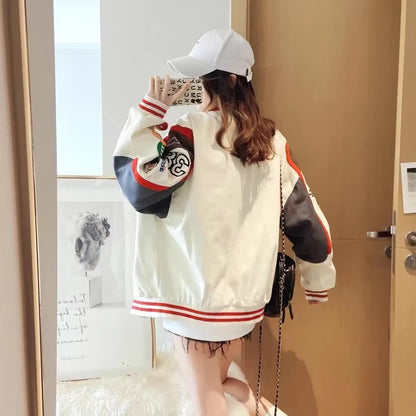 Spring American Style High Street Letter Embroidery Baseball Jacket Loose Fit Couple Color Block Racing Jacket Embroidery