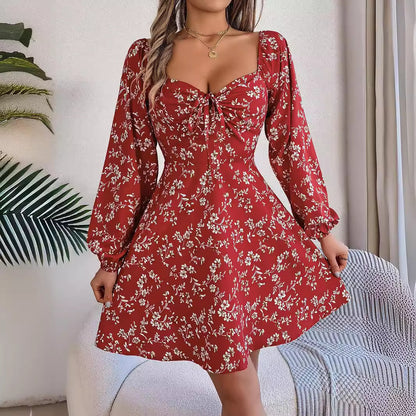 Fashion Floral Print Lantern Sleeve Dress Casual Sexy Tie Square Neck Long Sleeve A-Line Dress Women's Clothing