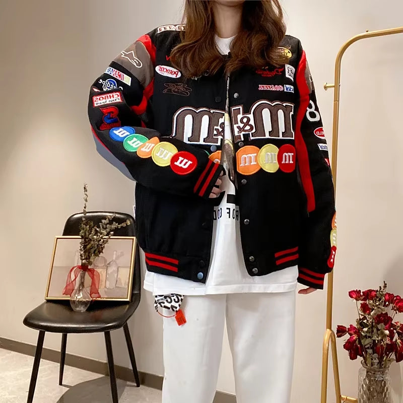 Spring American Style High Street Letter Embroidery Baseball Jacket Loose Fit Couple Color Block Racing Jacket Embroidery