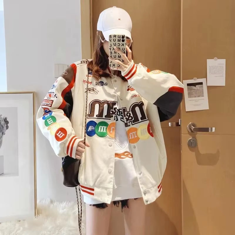 Spring American Style High Street Letter Embroidery Baseball Jacket Loose Fit Couple Color Block Racing Jacket Embroidery