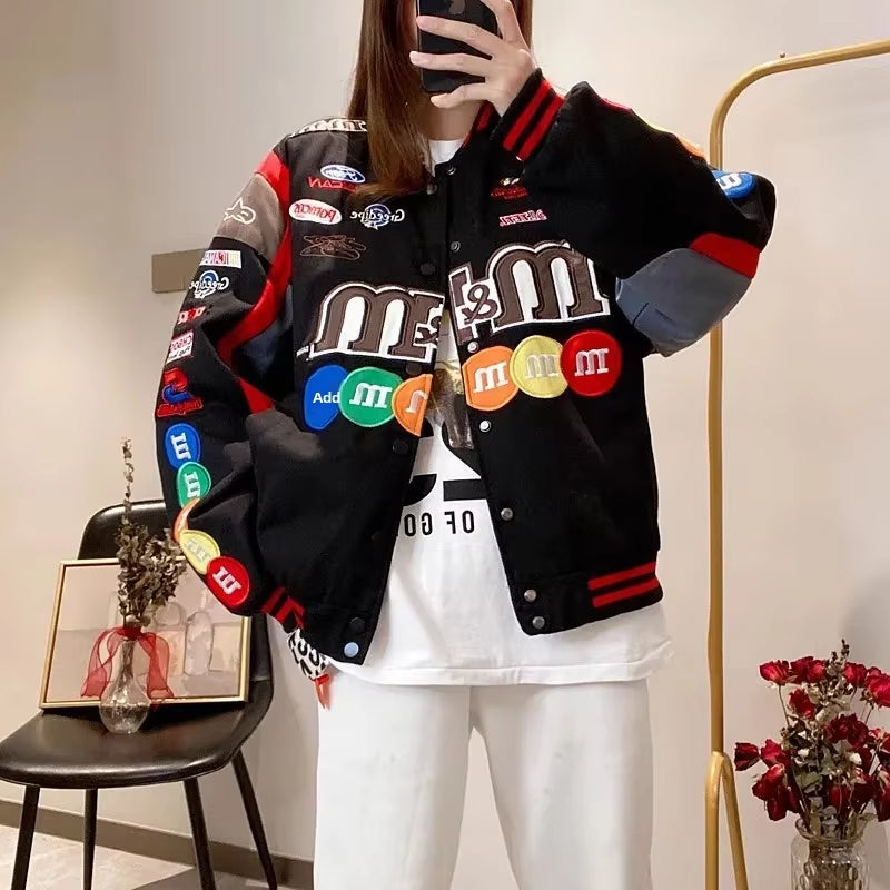 Spring American Style High Street Letter Embroidery Baseball Jacket Loose Fit Couple Color Block Racing Jacket Embroidery