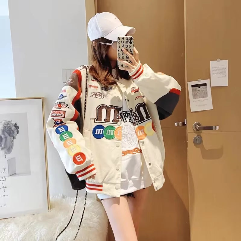 Spring American Style High Street Letter Embroidery Baseball Jacket Loose Fit Couple Color Block Racing Jacket Embroidery